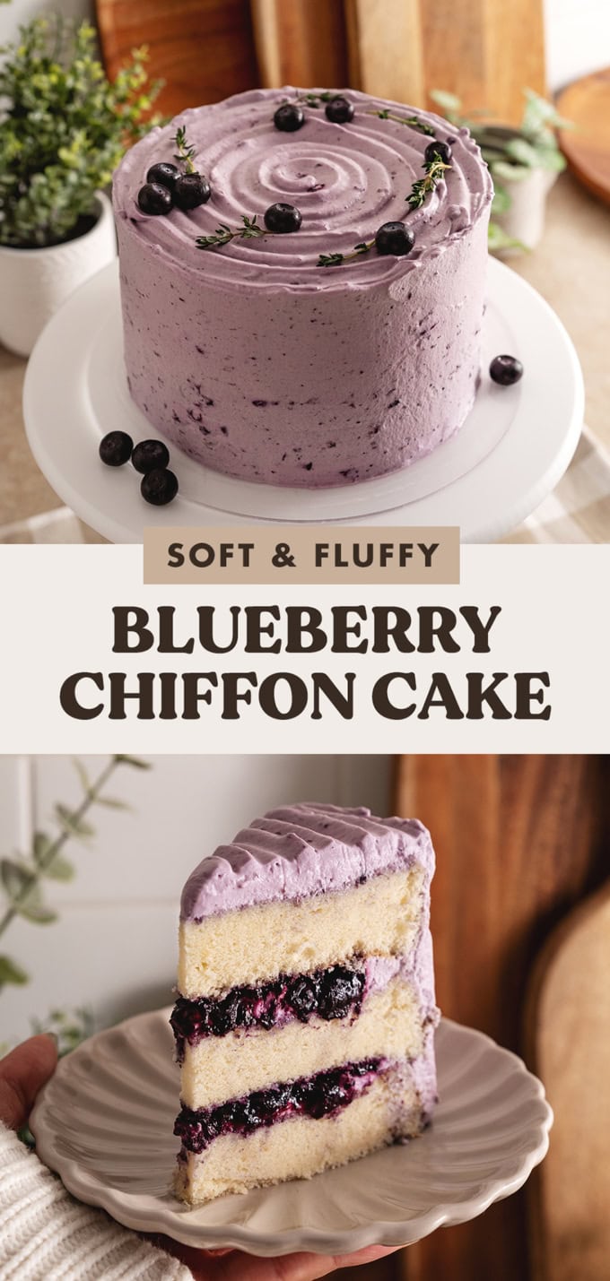 Two images of a blueberry chiffon cake with a text overlay that says "soft and fluffy blueberry chiffon cake".