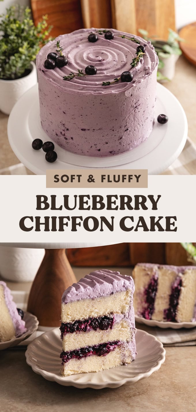 Two images of a blueberry chiffon cake with a text overlay that says "soft and fluffy blueberry chiffon cake".