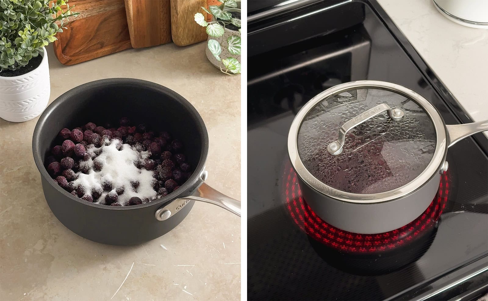 Left: frozen blueberries and sugar in a pot. Right: covered pot on a stove.