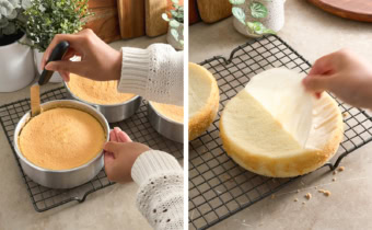 Left: running an offset spatula around a cake in a pan. Right: hand peeling parchment paper off of a cake layer.
