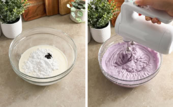 Left: ingredients for whipped cream in a bowl. Right: beating whipped cream with a hand mixer.
