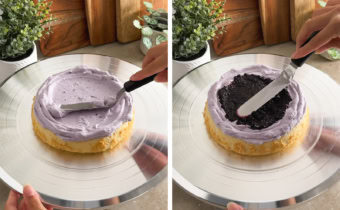 Left: spreading blueberry whipped cream on top of a cake layer with a spatula. Right: spreading blueberry compote on top of whipped cream with a spatula.