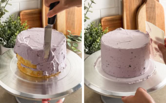 Left: frosting the sides of a cake with blueberry whipped cream. Right: scraping excess frosting off the sides of a cake with a bench scraper.