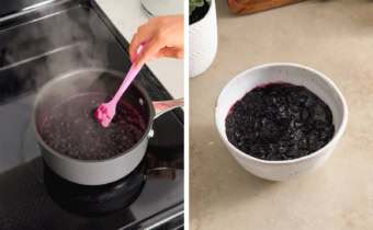 Left: stirring blueberry compote in a pot with a spatula. Right: cooked blueberry compote in a bowl.