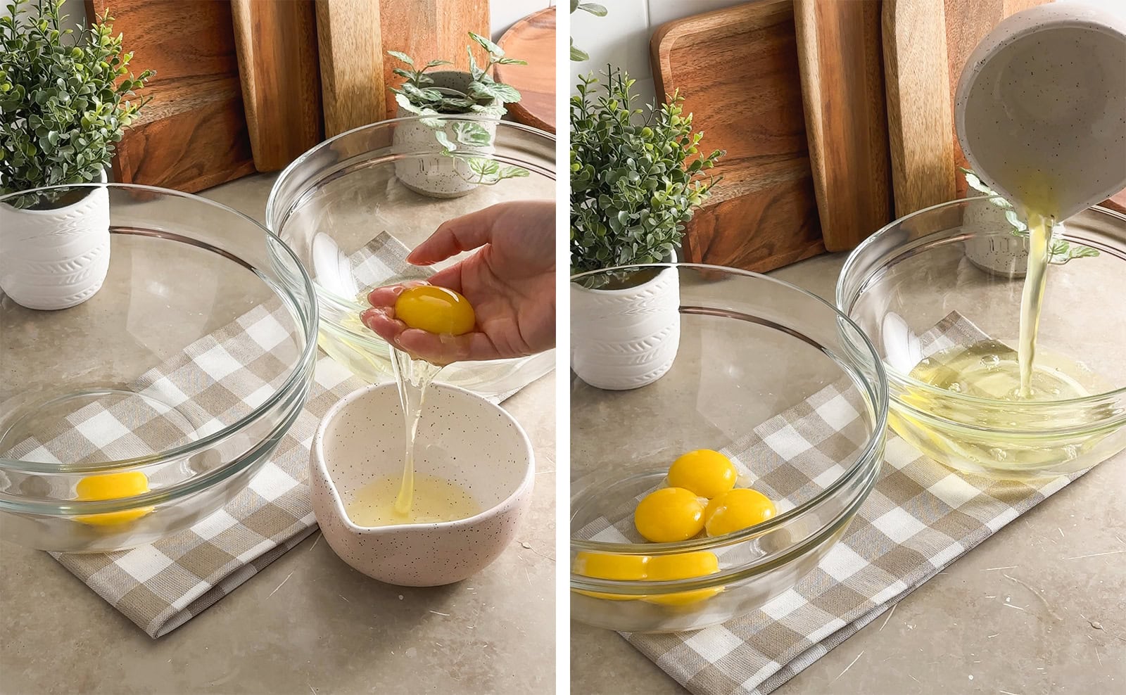 Left: hand holding an egg yolk with the egg whites dripping down into a bowl. Right: pouring egg whites into a mixing bowl.