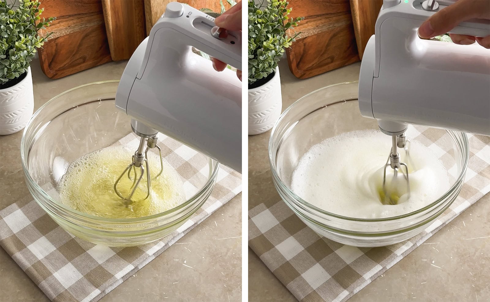 Left: beating egg whites with a hand mixer. Right: beating frothy egg whites with a hand mixer.