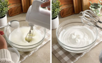 Left: sprinkling a spoonful of sugar into egg whites while mixing with hand mixer. Right: egg white meringue at stiff peaks.