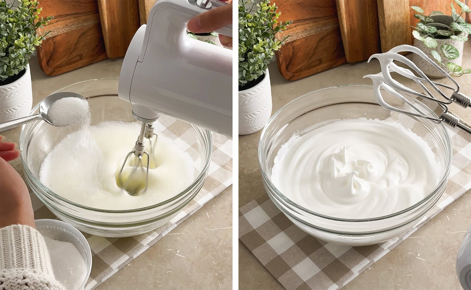 Left: sprinkling a spoonful of sugar into egg whites while mixing with hand mixer. Right: egg white meringue at stiff peaks.