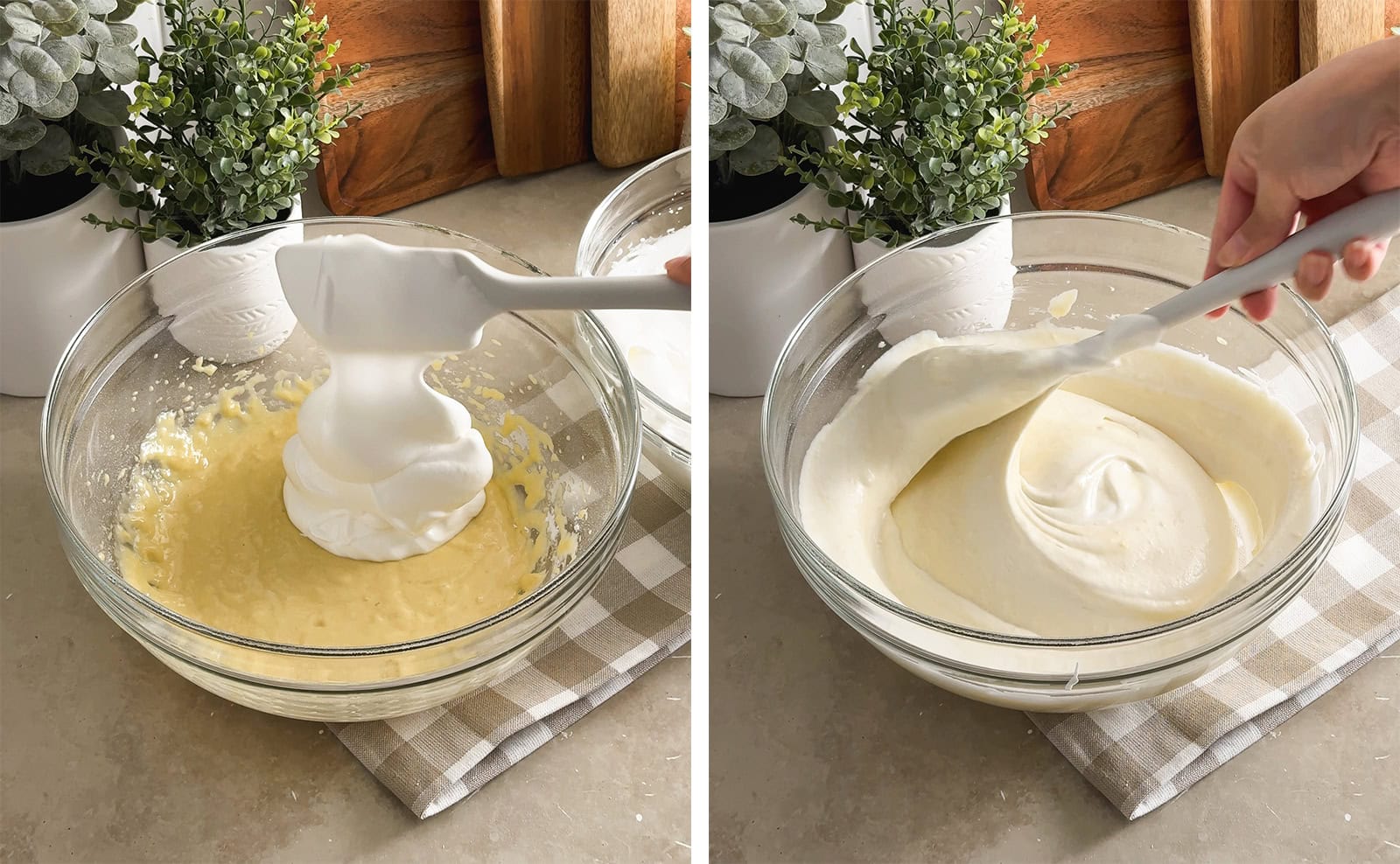 Left: dropping meringue into a bowl of egg yolk mixture from a spatula. Right: folding chiffon cake batter together with a spatula.