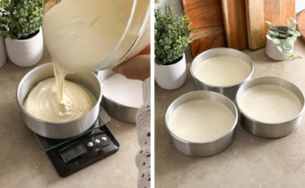 Left: pouring cake batter into a cake pan on a scale. Right: three cake pans filled with cake batter.
