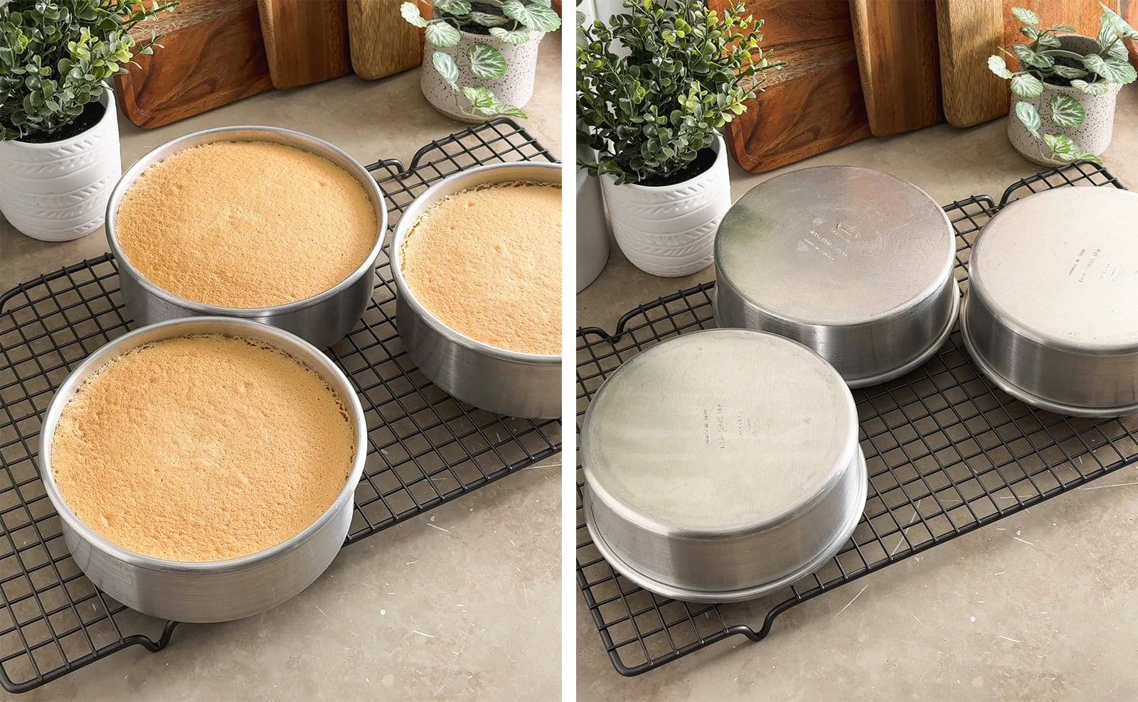 Left: three baked cakes on a wire rack. Right: cake pans flipped upside down on a wire rack.