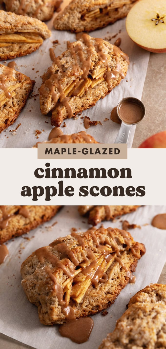 Two images of cinnamon apple scones with a text overlay that says "maple-glazed cinnamon apple scones".