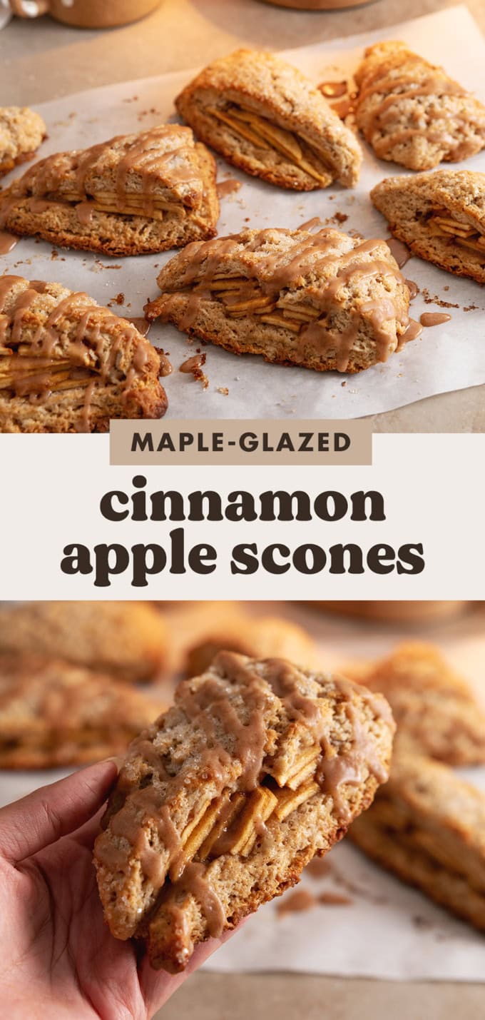 Two images of cinnamon apple scones with a text overlay that says "maple-glazed cinnamon apple scones".