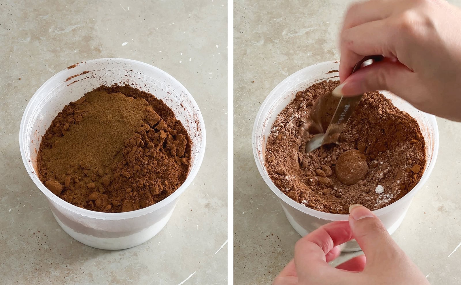 Left to right: dry ingredients in a container, stirring dry ingredients together with a spoon.