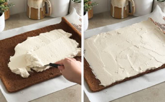 Left to right: spreading whipped cream on a cake sheet with an offset spatula, cake sheet covered with a layer of whipped cream.