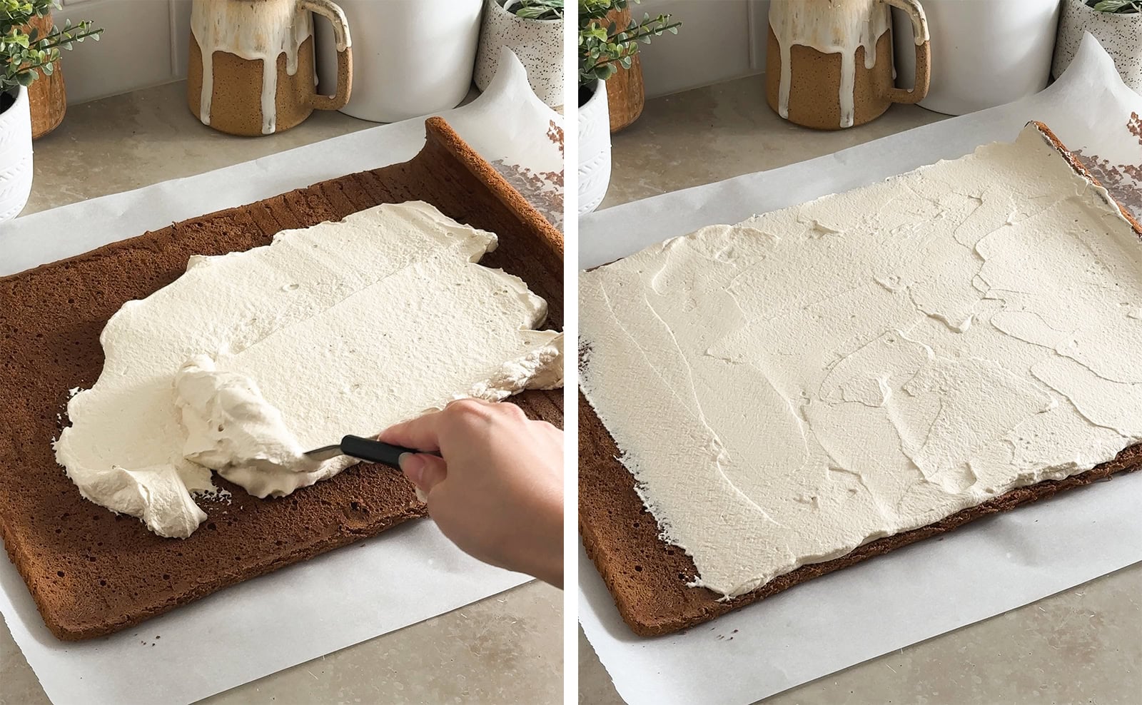 Left to right: spreading whipped cream on a cake sheet with an offset spatula, cake sheet covered with a layer of whipped cream.