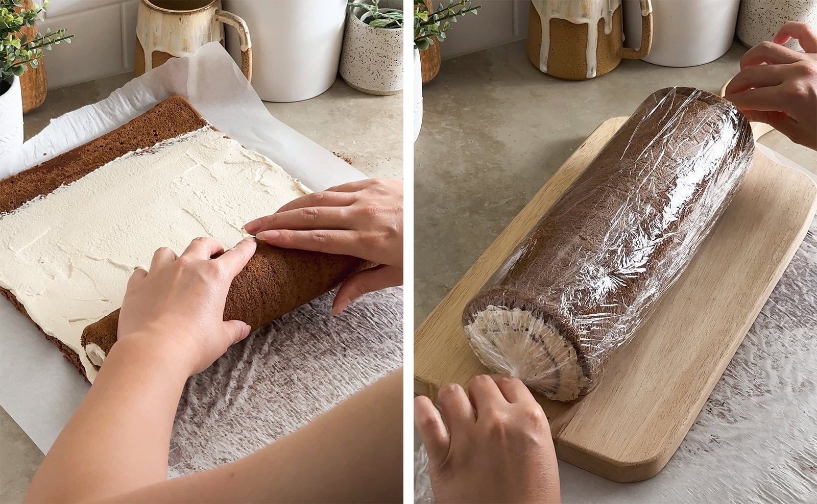 Left to right: hands rolling up cake sheet, wrapping cake roll in plastic wrap.
