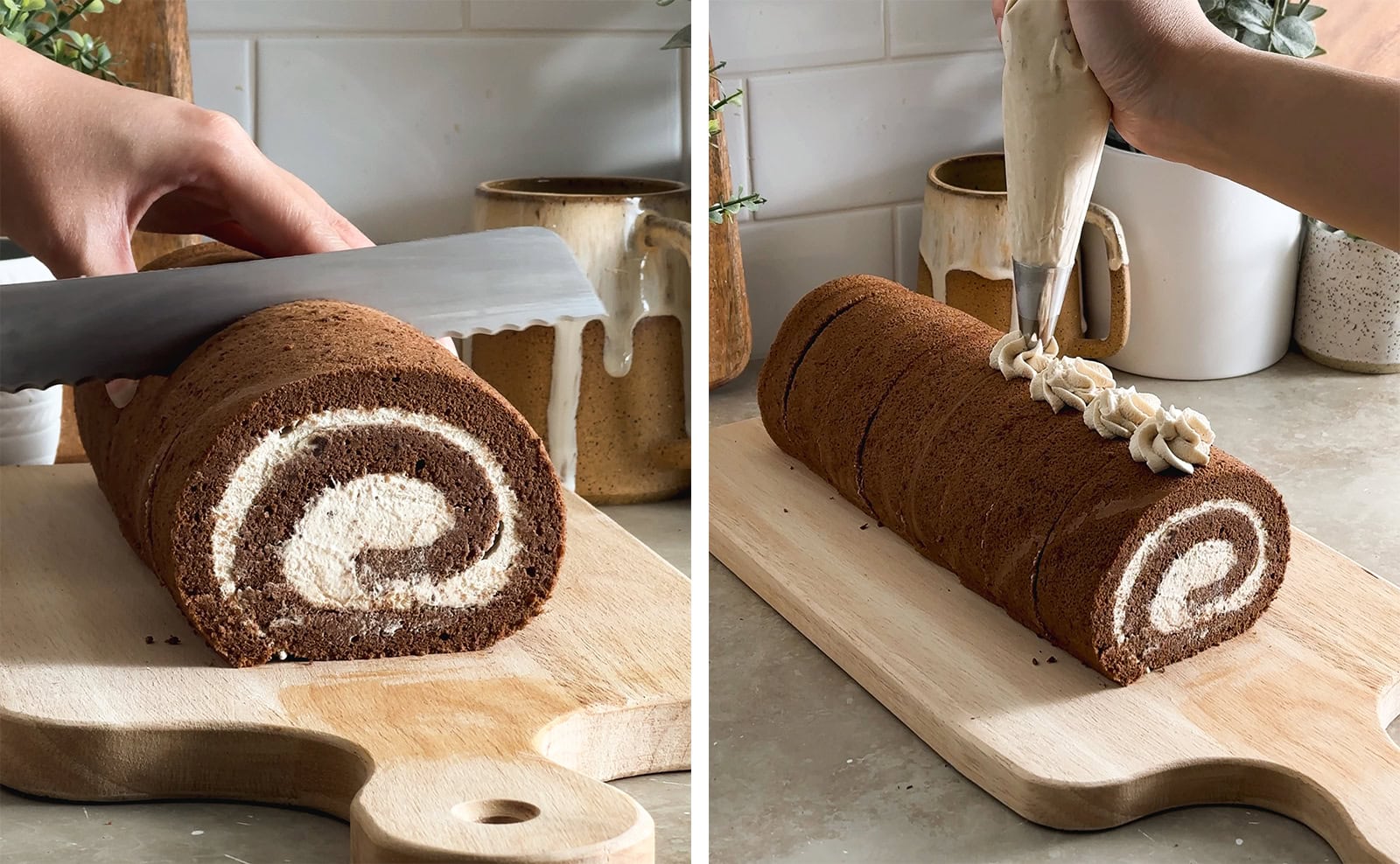 Left to right: cutting a roll cake into slices with a knife, piping whipped cream rosettes on top of roll cake slices.