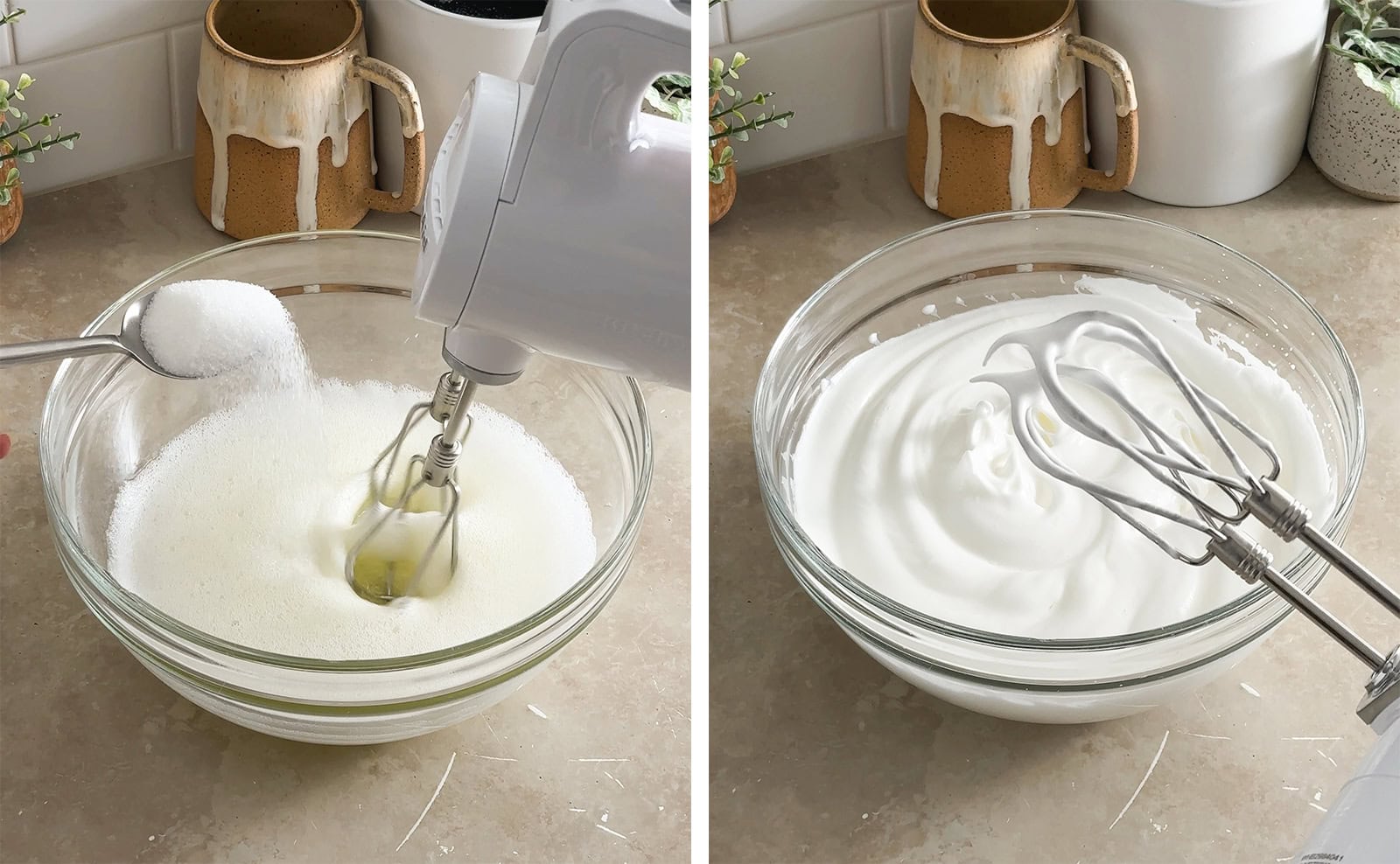 Left to right: sprinkling a spoonful of sugar into a bowl of egg whites while mixing at the same time, stiff peaks of meringue on a whisk.