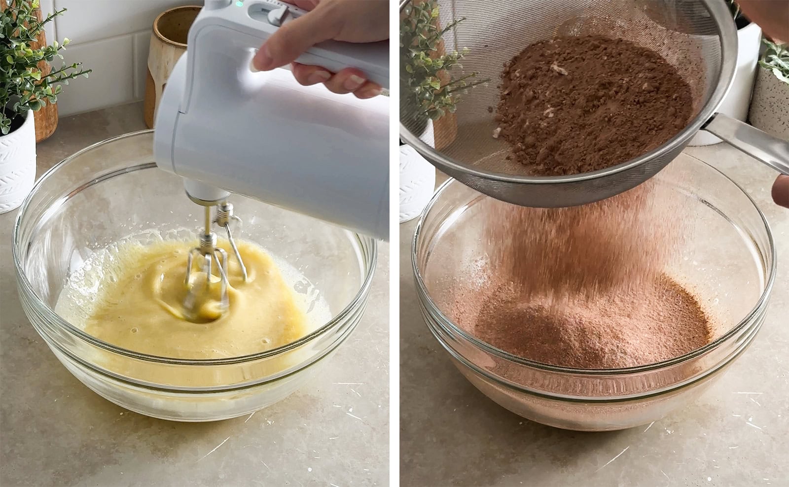 Left to right: mixing egg yolk mixture with a hand mixer, sifting dry mixture into egg yolk mixture.