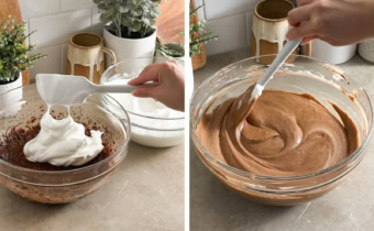 Left to right: dropping meringue into a bowl of cake batter from a spatula, folding chiffon cake batter together with a spatula.