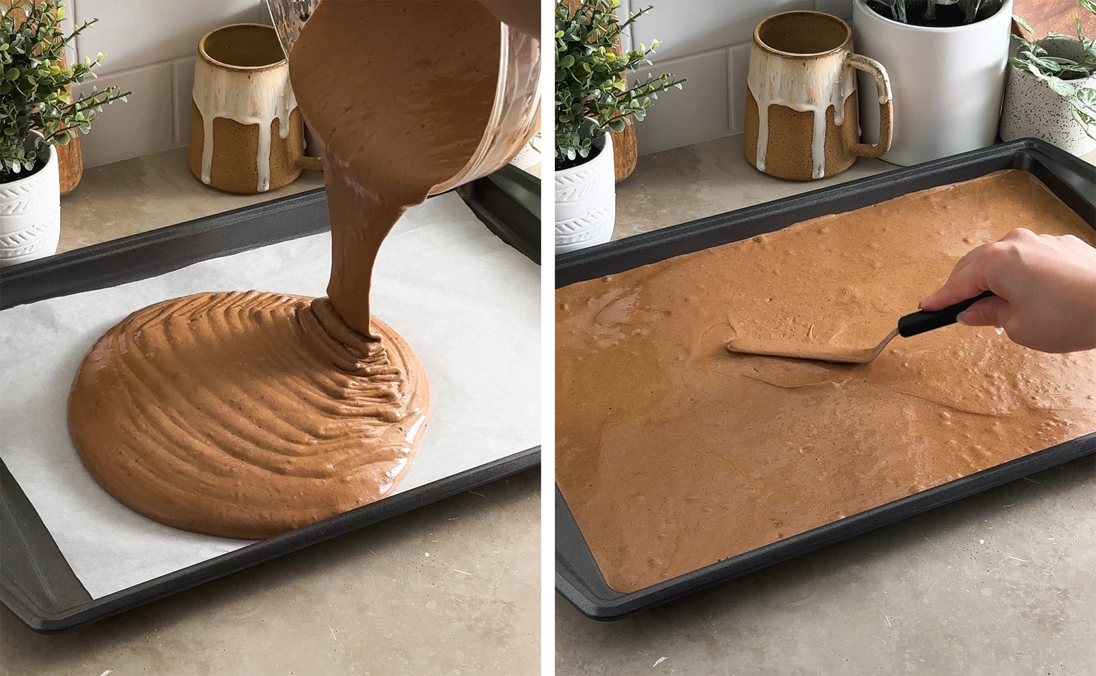 Left to right: pouring cake batter into a baking tray, smoothing cake batter into pan with an offset spatula.