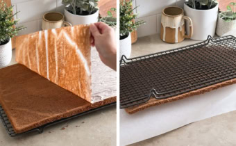 Left to right: peeling off parchment paper from a cake sheet, flipping cake sheet onto parchment paper from a wire rack.