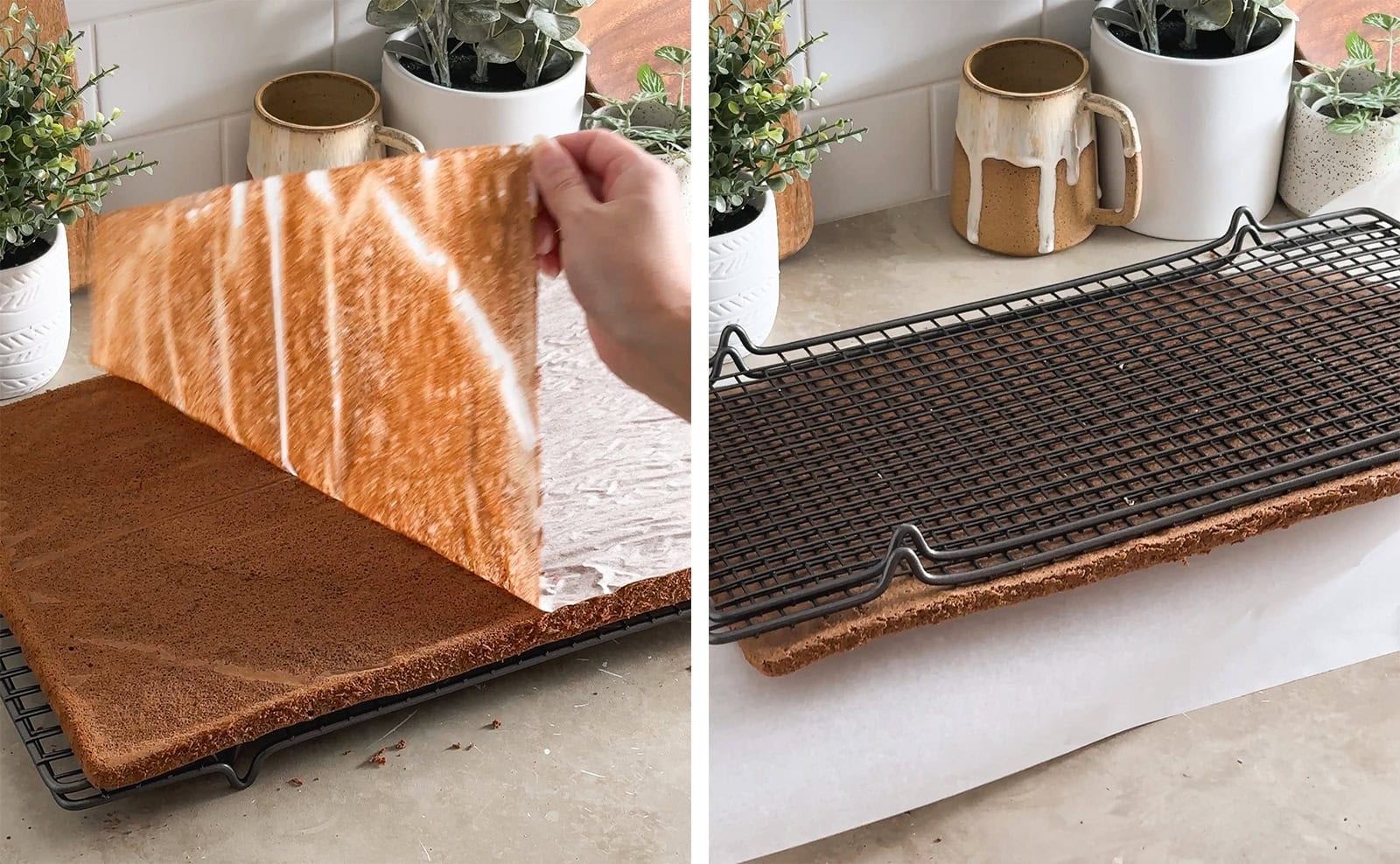 Left to right: peeling off parchment paper from a cake sheet, flipping cake sheet onto parchment paper from a wire rack.