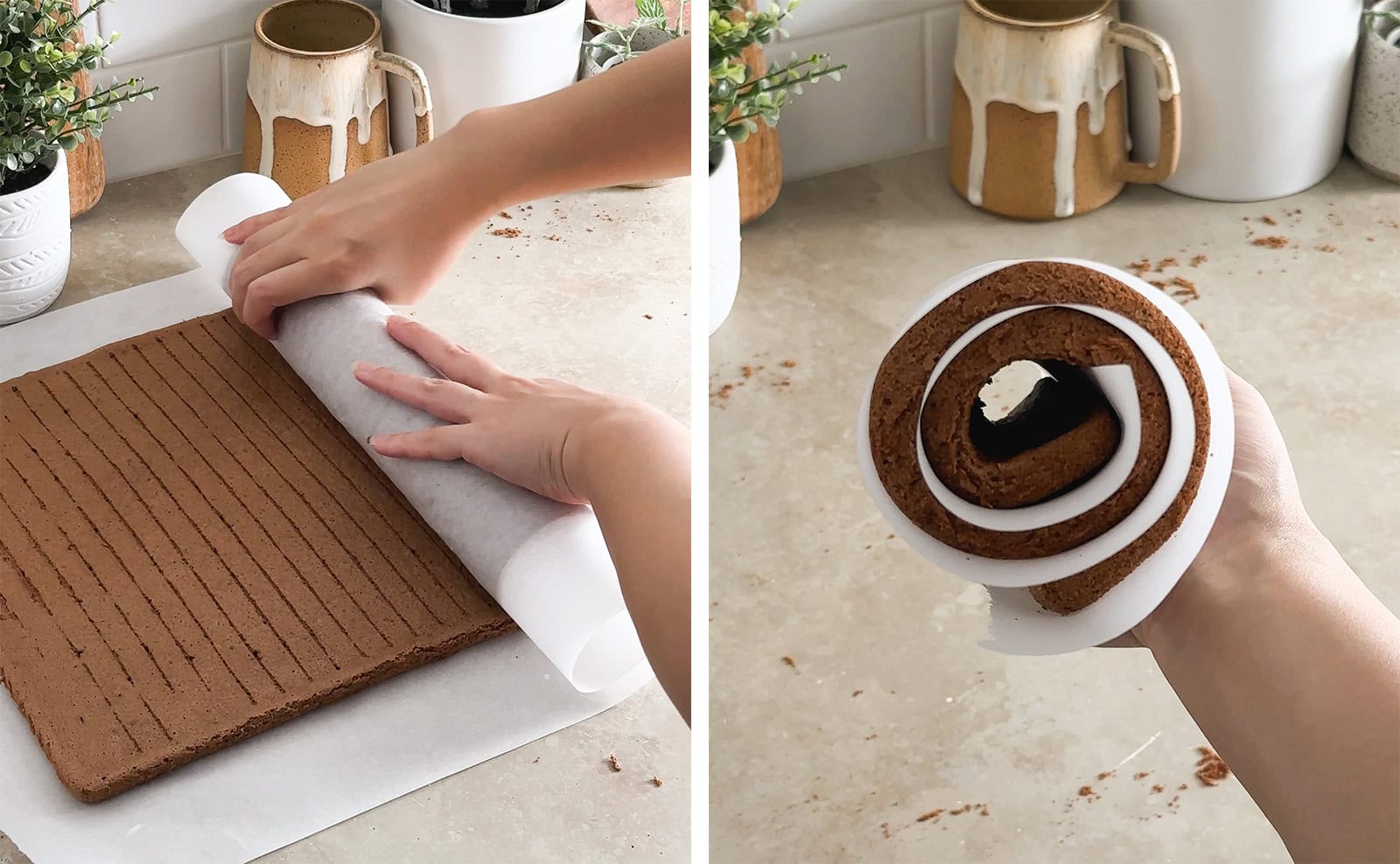 Left to right: hands rolling up a cake sheet, hand holding rolled-up cake sheet log to show side view.