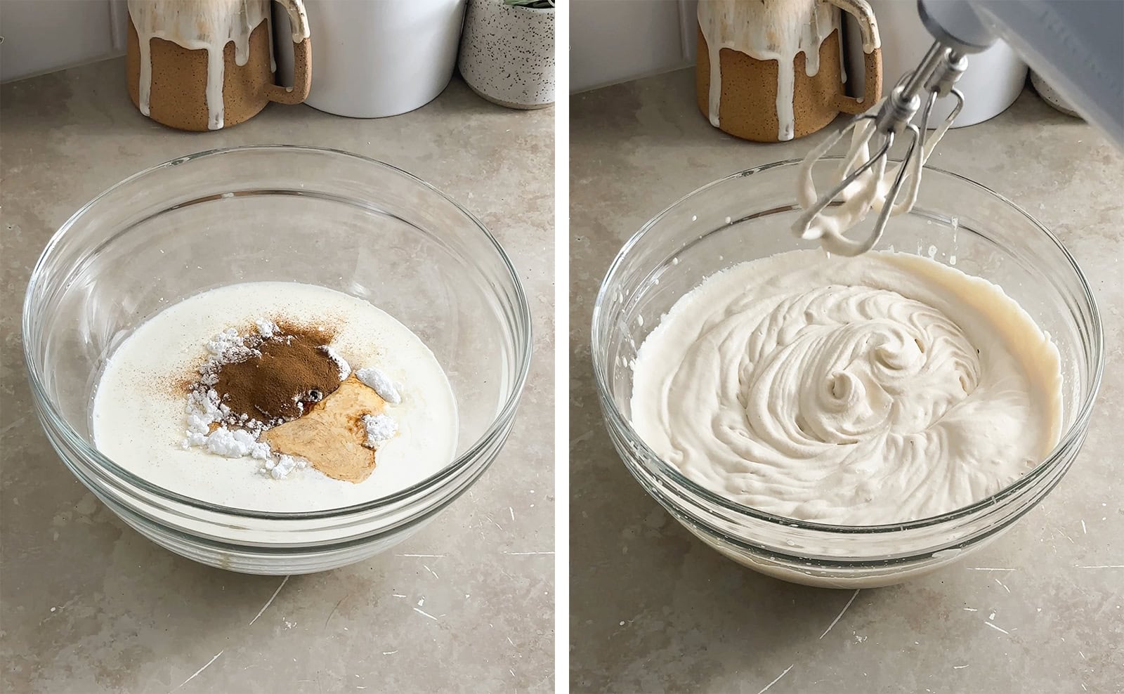 Left to right: ingredients for whipped cream in a mixing bowl, whipped cream in a bowl with hand hand mixer above it.