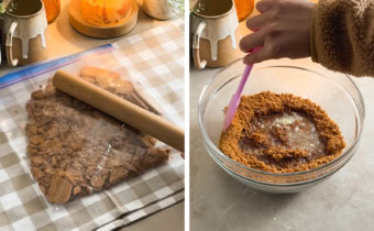 Left: crushing biscoff cookies in a ziploc bag with a rolling pin. Right: stirring crushed biscoff and melted butter together with a spatula.