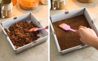 Left: spreading crumb mixture into pan. Right: pressing crumb mixture into a flat layer in a pan with a spatula.