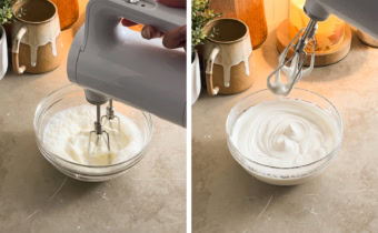 Left: beating whipping cream with a hand mixer. Right: lifting a hand mixer out of a bowl of whipped cream.
