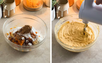 Left: pumpkin cheesecake ingredients in a mixing bowl. Right: mixing pumpkin cheesecake batter with a hand mixer.
