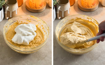 Left: whipped cream in a bowl of cheesecake batter. Right: folding cheesecake batter together with a spatula.