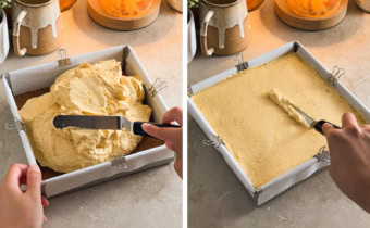 Left: spreading cheesecake batter into a pan with an offset spatula. Right: smoothing cheesecake batter into a flat layer with an offset spatula.