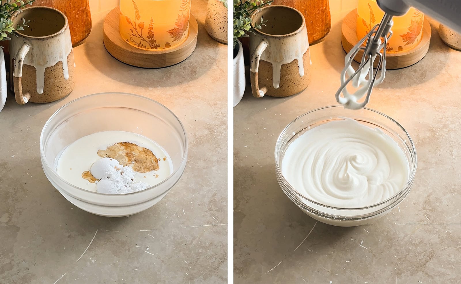 Left: ingredients for whipped cream in a bowl. Right: lifting a hand mixer out of a bowl of whipped cream.