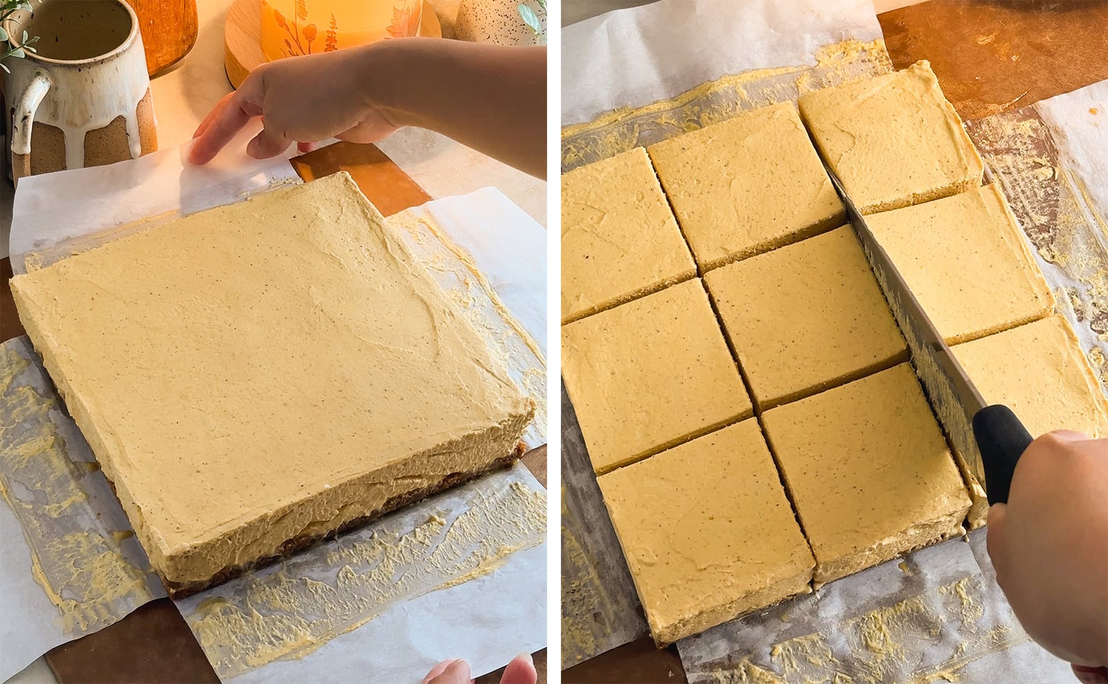 Left: hands peeling back parchment paper off of a slab of cheesecake. Right: slicing cheesecake into squares with a knife.