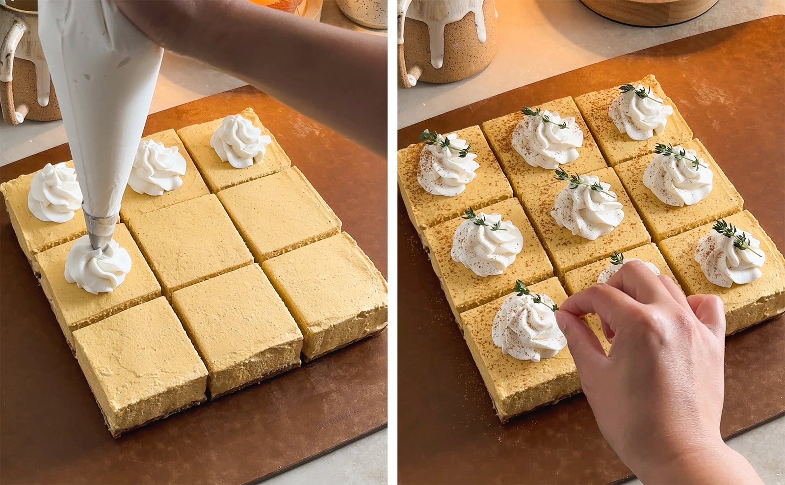 Left: piping whipped cream rosette on top of cheesecake bars. Right: hand placing a sprig of thyme on top of whipped cream.