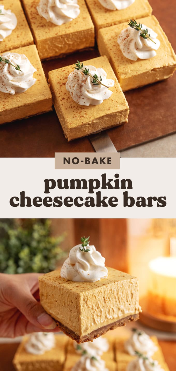 Two images of no-bake pumpkin cheesecake bars with a text overlay.