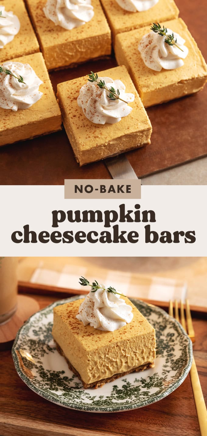 Two images of no-bake pumpkin cheesecake bars with a text overlay.