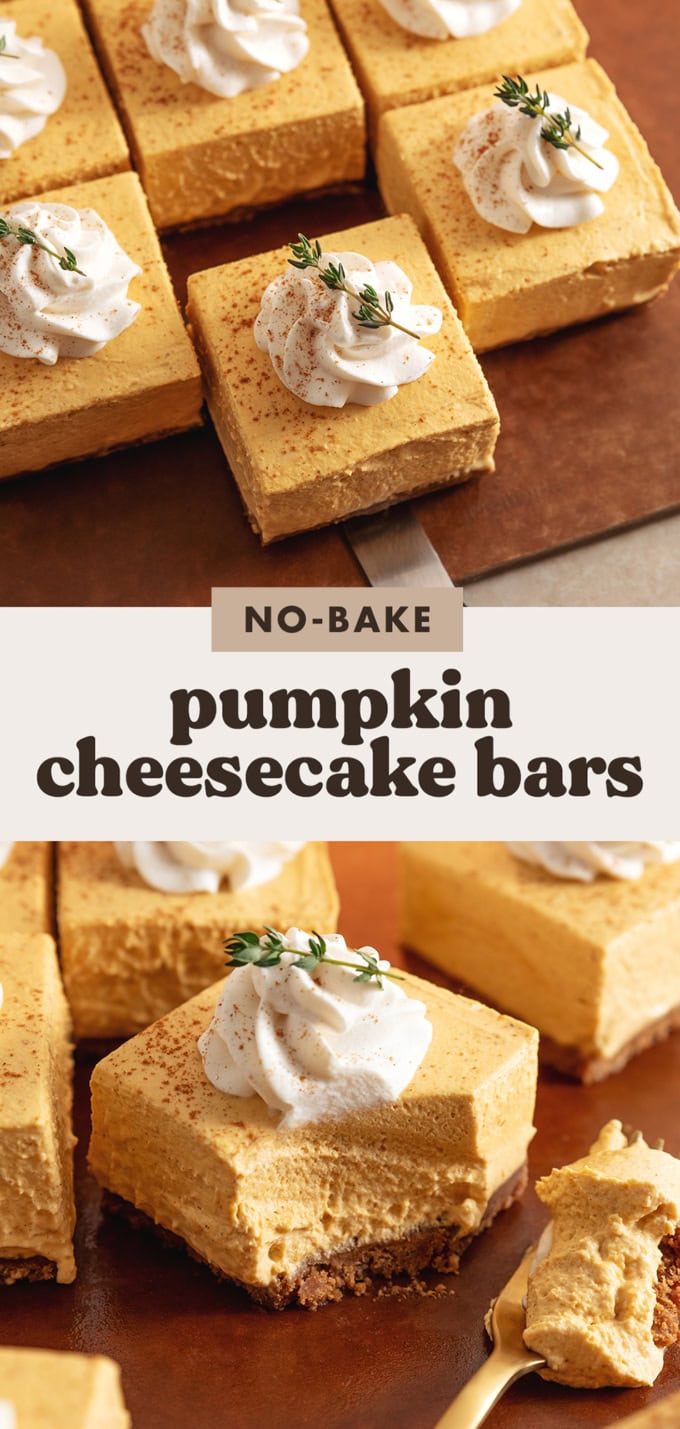 Two images of no-bake pumpkin cheesecake bars with a text overlay.