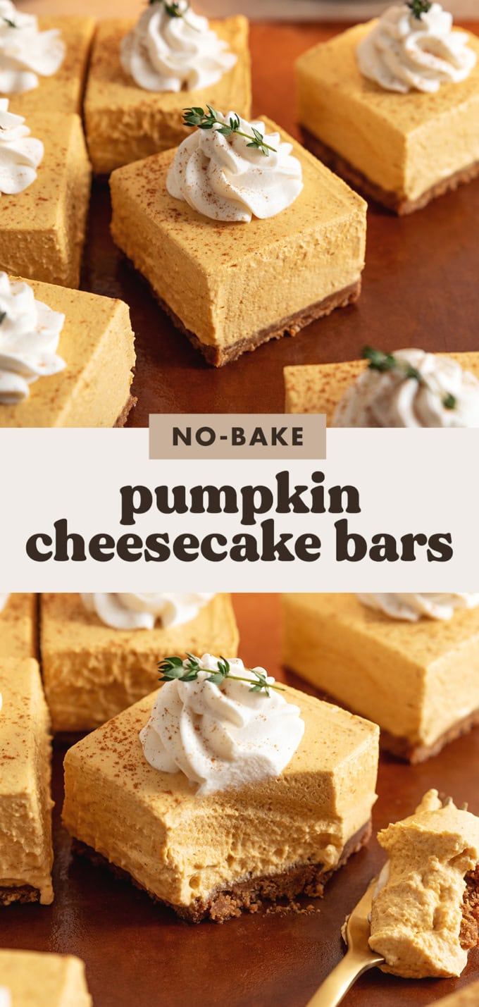 Two images of no-bake pumpkin cheesecake bars with a text overlay.