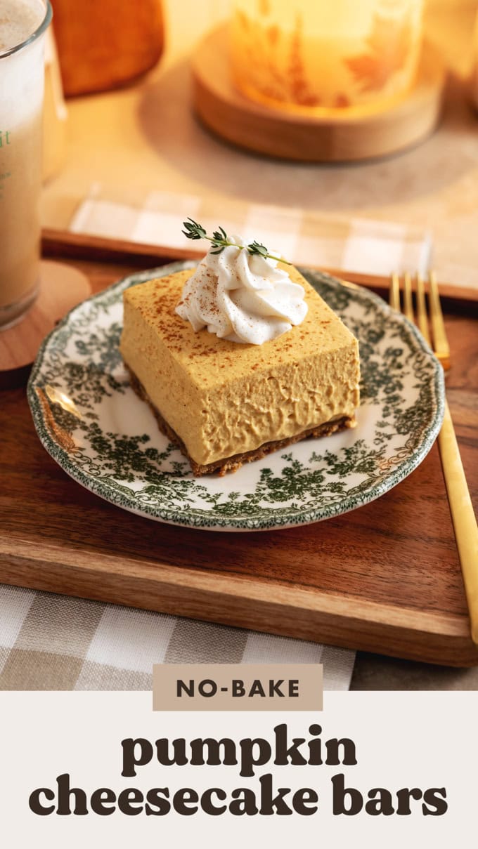 A no-bake pumpkin cheesecake bar on a green floral plate.