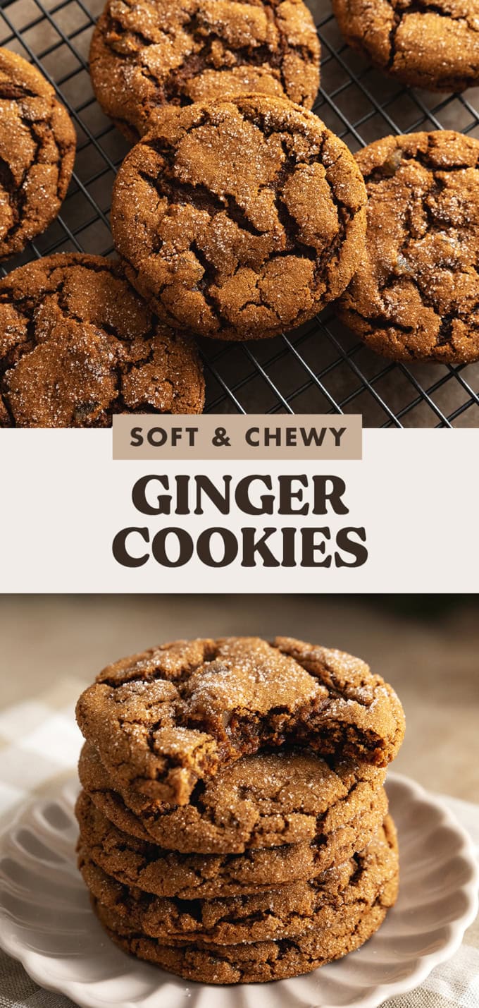 Two images of cookies with a text overlay that says "soft and chewy ginger cookies".