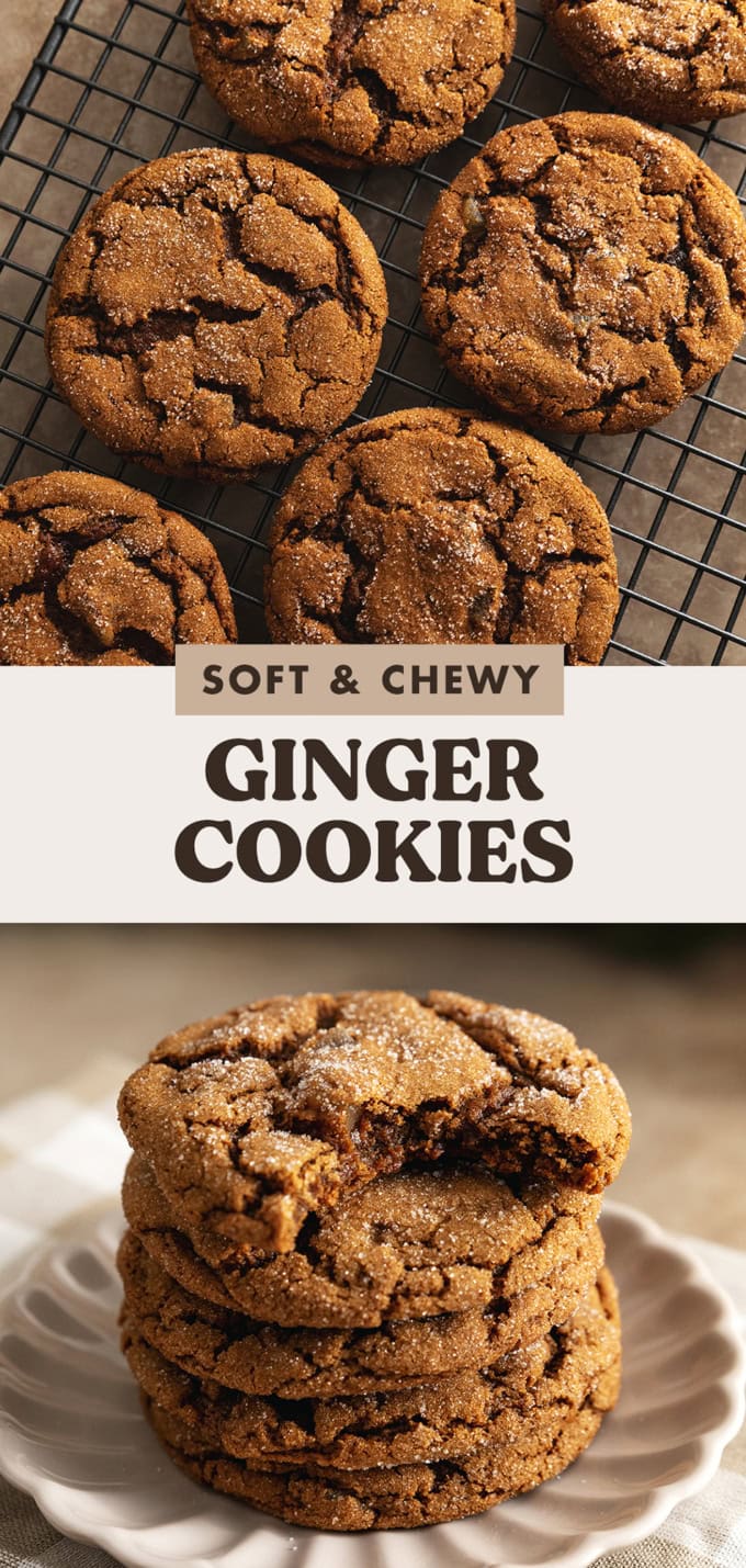 Two images of cookies with a text overlay that says "soft and chewy ginger cookies".