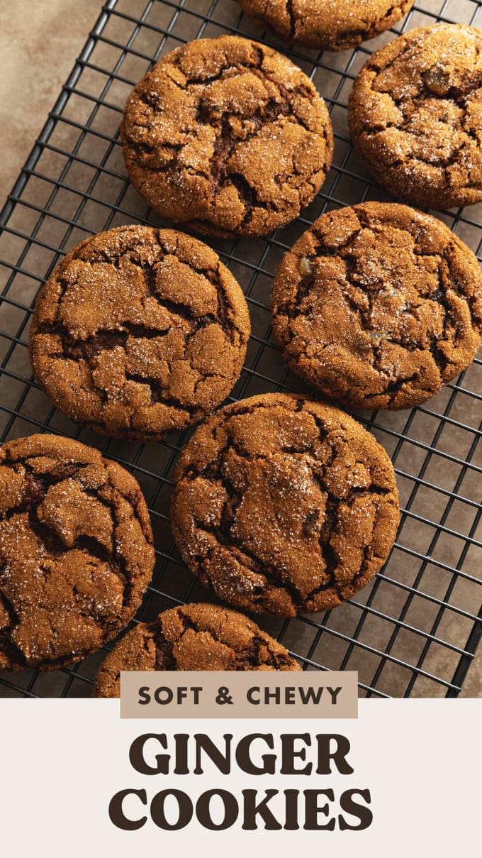 Chewy ginger cookies lined up on a wire rack.
