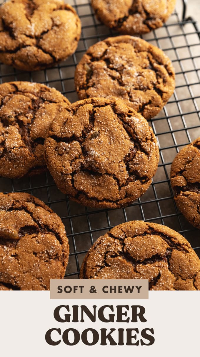 Chewy ginger cookies scattered on a wire rack.