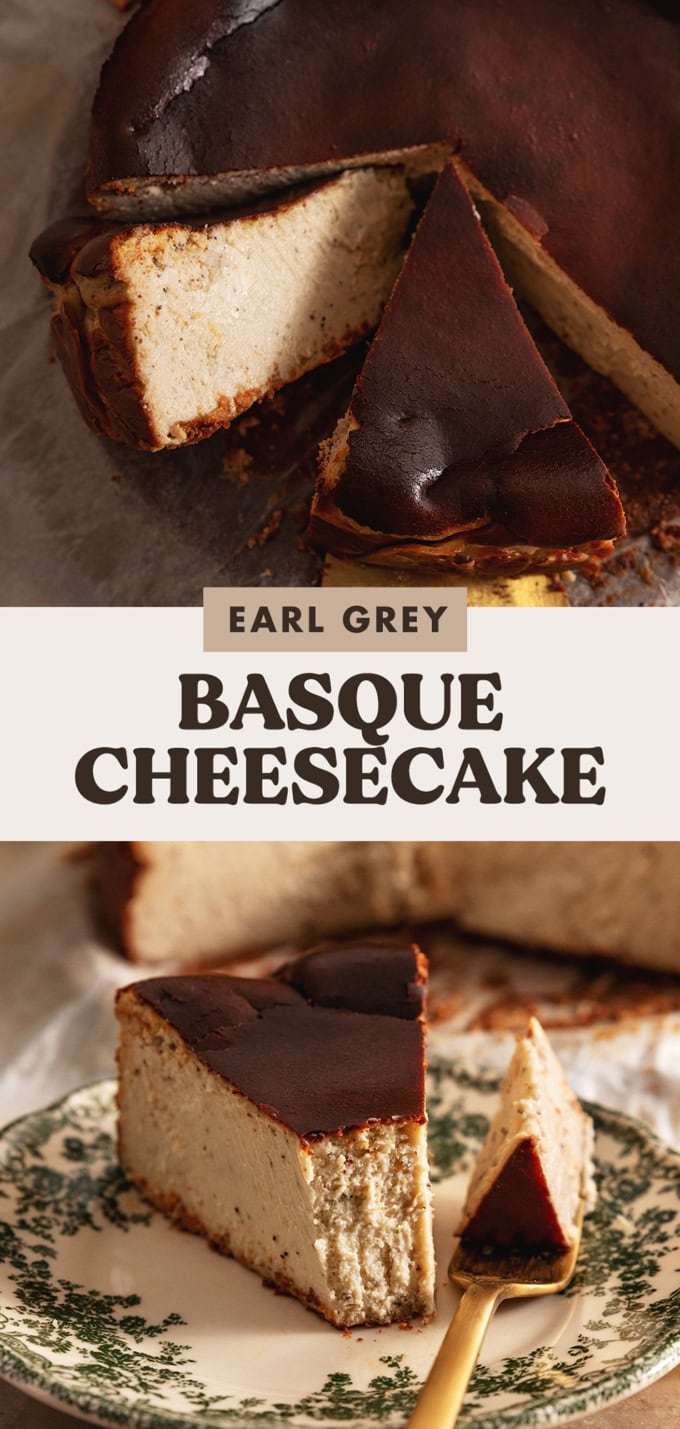 Two images of an earl grey basque cheesecake with a text overlay.