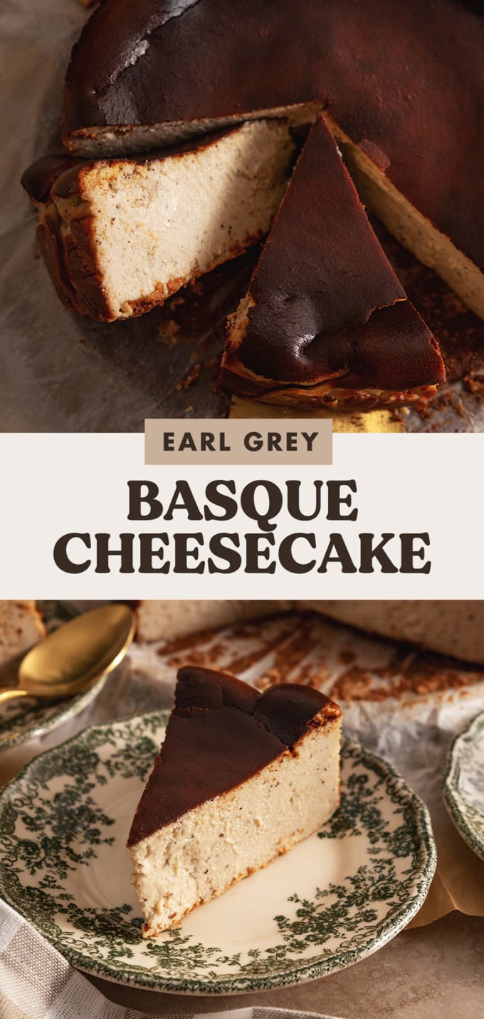 Two images of an earl grey basque cheesecake with a text overlay.